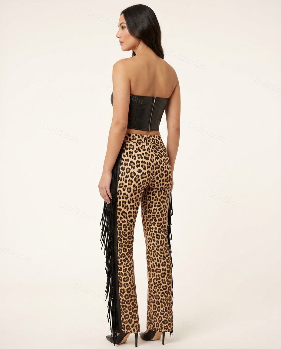 Black Leopard Print Strapless Fringe Top & Pants Set, back studio view, by Dutti3