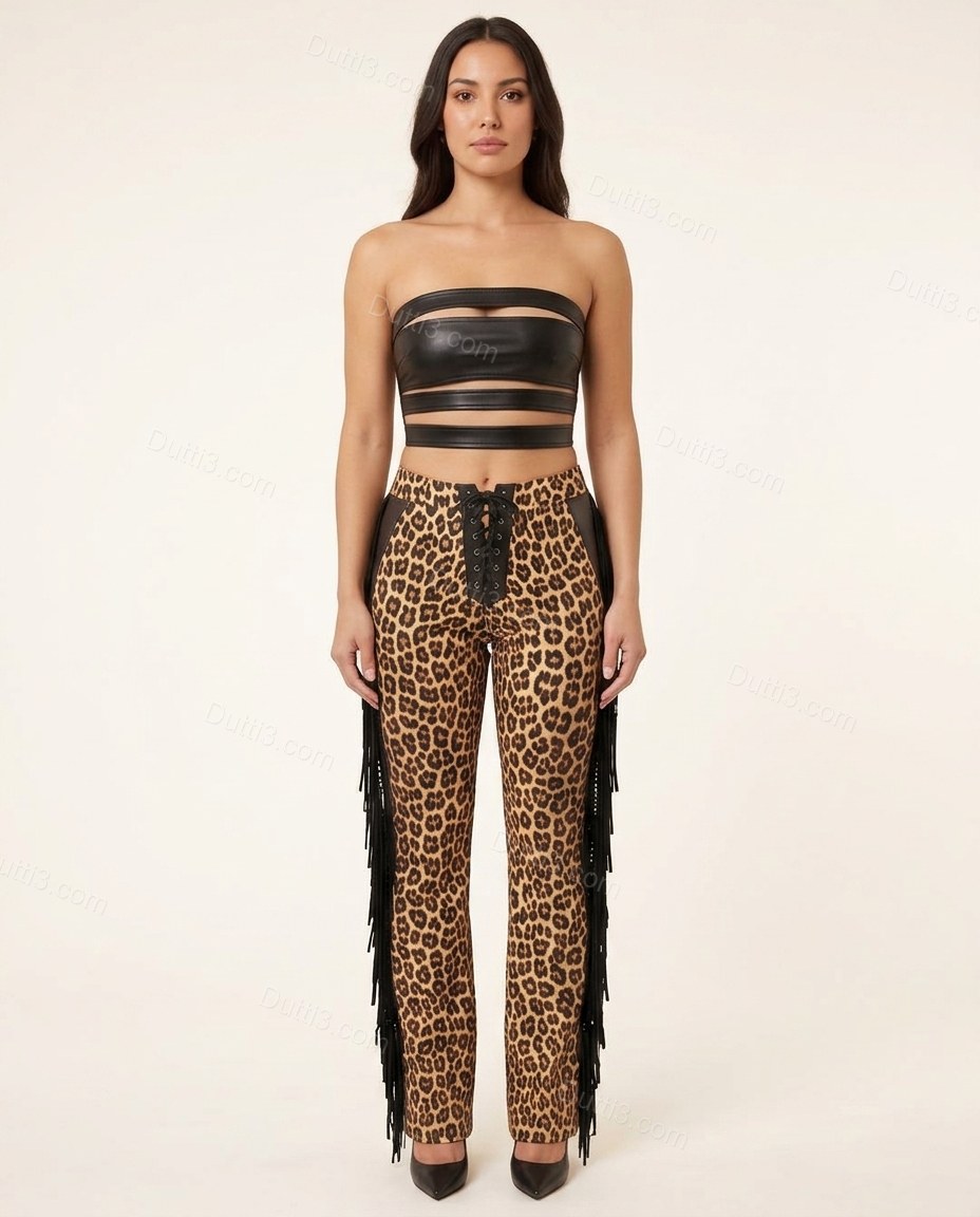 Black Leopard Print Strapless Fringe Top & Pants Set, front studio view, by Dutti3