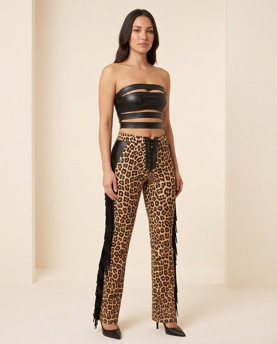 Black Leopard Print Strapless Fringe Top & Pants Set, full-length hero view, by Dutti3