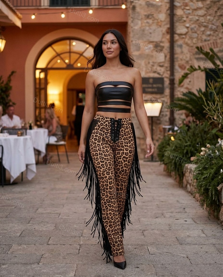 Black Leopard Print Strapless Fringe Top & Pants Set, movement and fit lifestyle view, by Dutti3