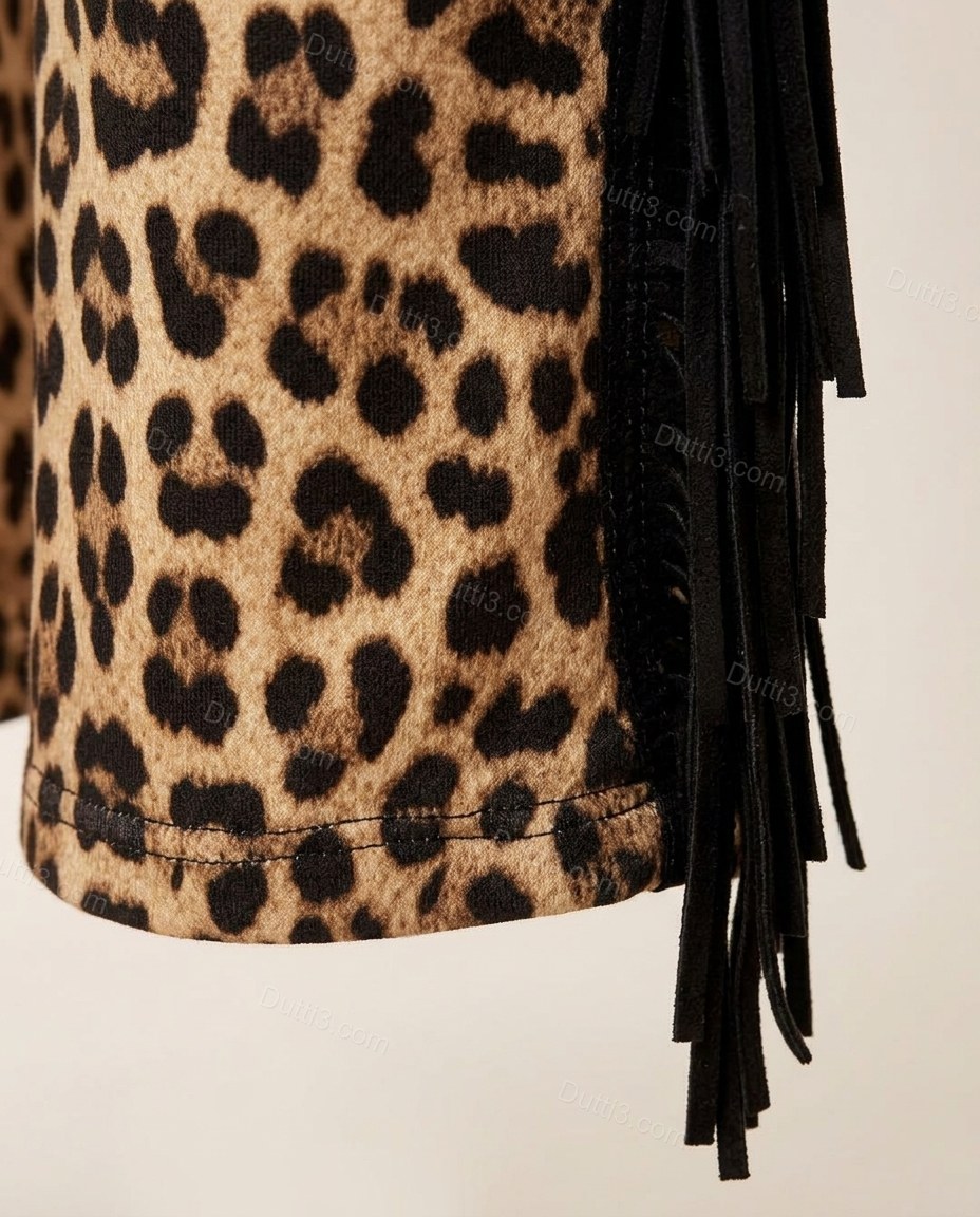 Black Leopard Print Strapless Fringe Top & Pants Set, close-up of leopard print, by Dutti3