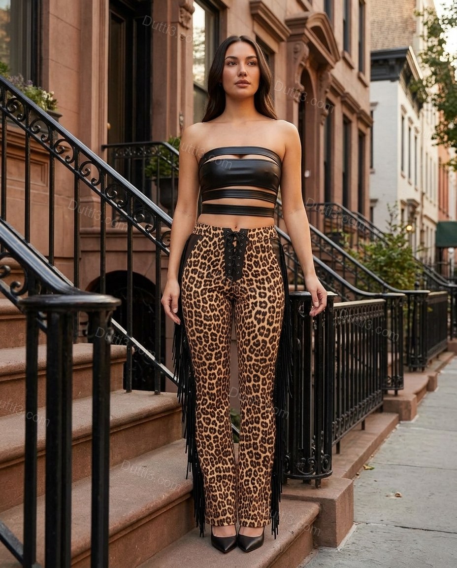 Black Leopard Print Strapless Fringe Top & Pants Set, alternate use-case lifestyle view, by Dutti3