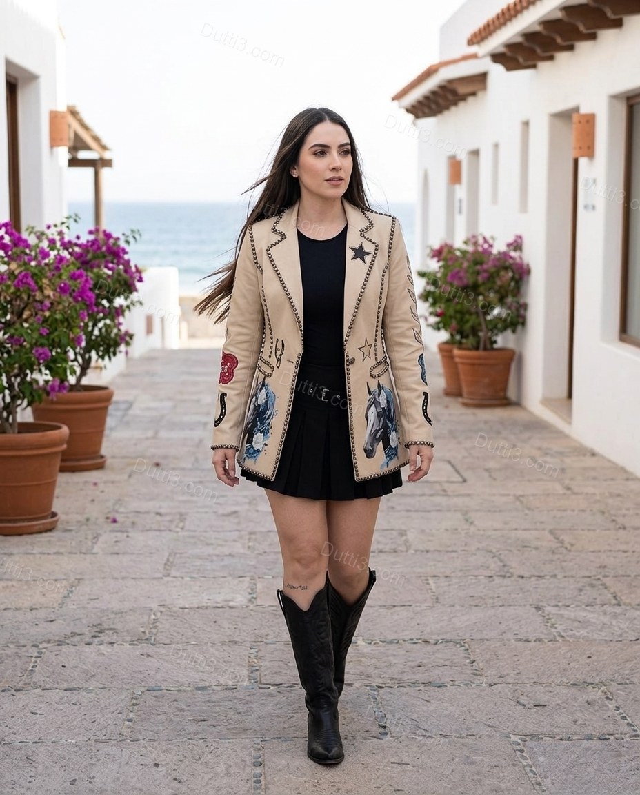 Beige Embroidered Blazer, movement and fit lifestyle view, by Dutti3