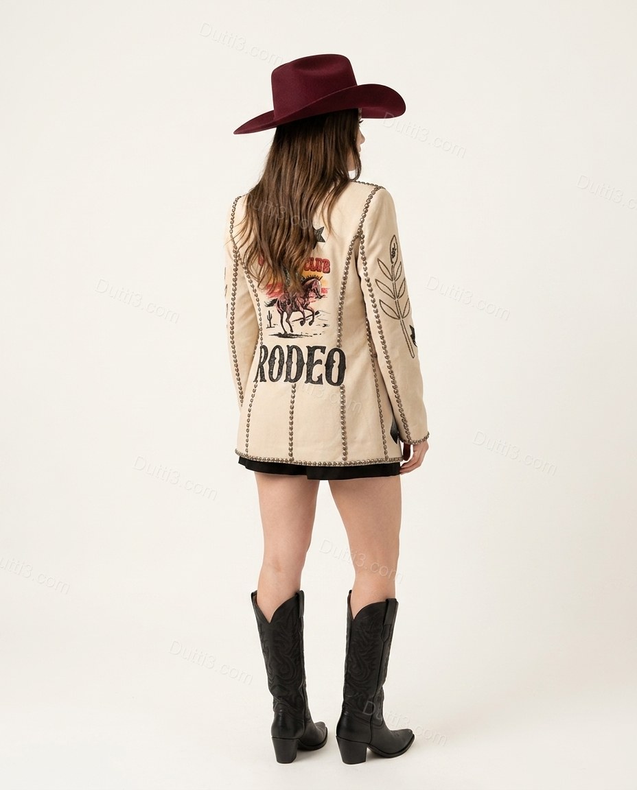Beige Embroidered Blazer, back studio view, by Dutti3
