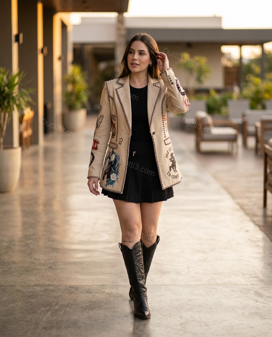 Beige Embroidered Blazer, walking lifestyle view, by Dutti3