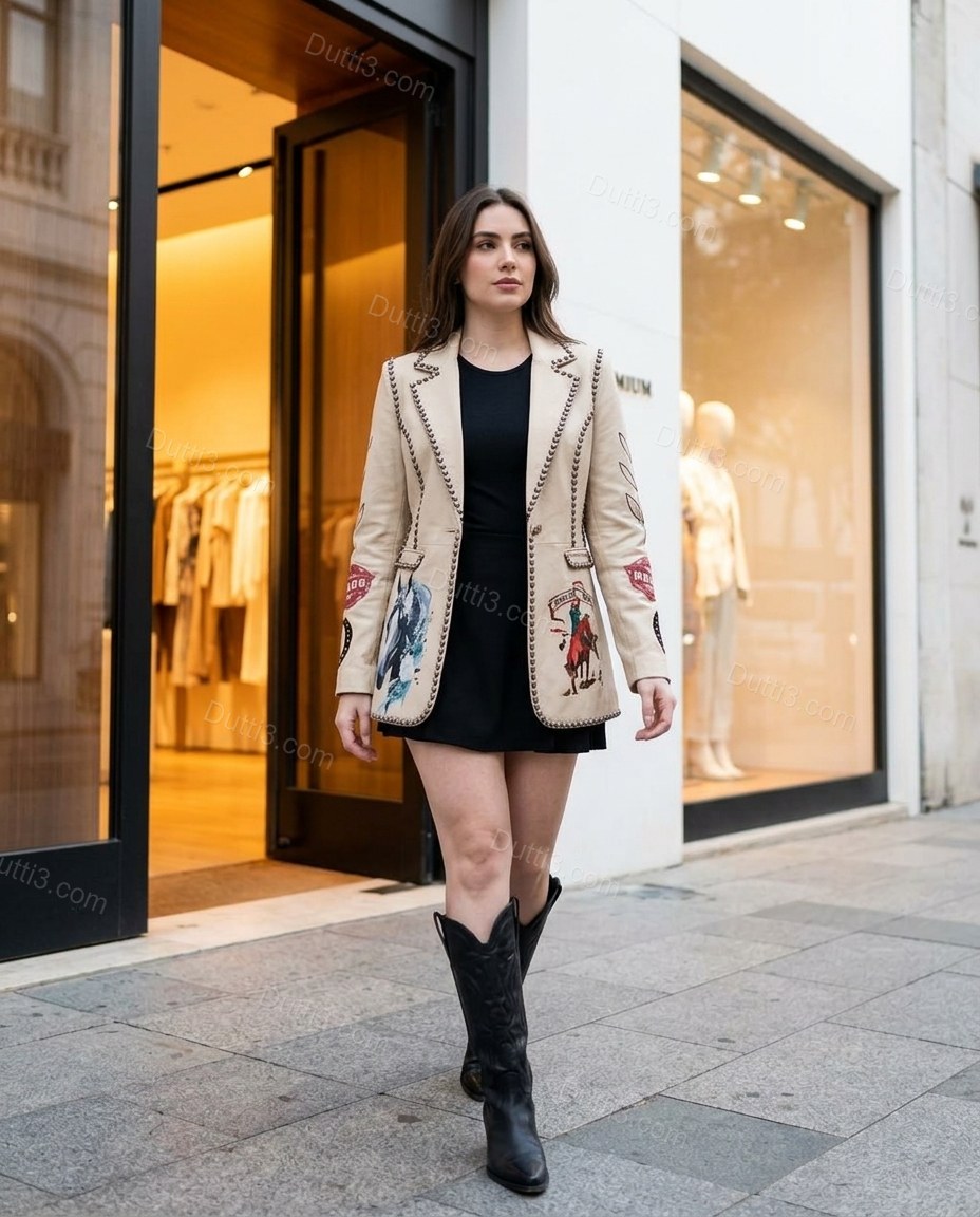 Beige Embroidered Blazer, alternate use-case lifestyle view, by Dutti3