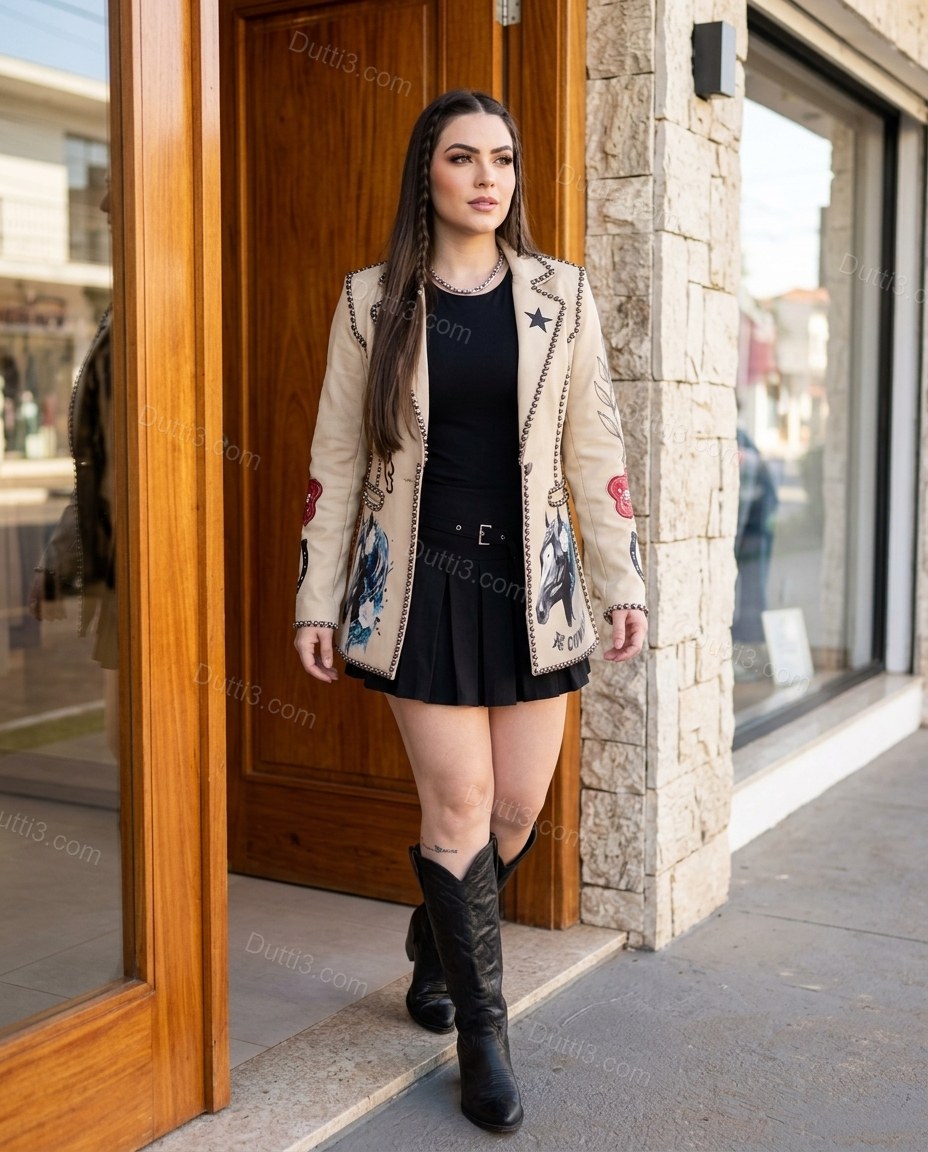 Beige Embroidered Blazer, three-quarter brand lifestyle view, by Dutti3