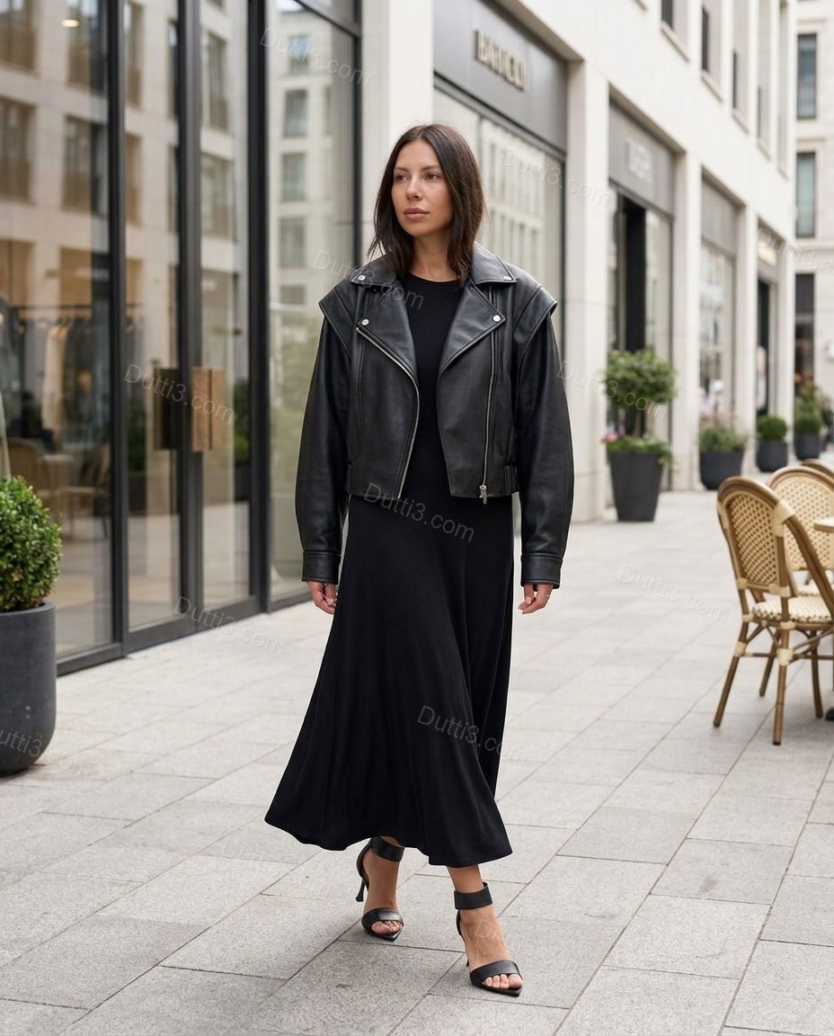 Black Midi Pleated Asymmetric Jacket & Skirt Set, walking lifestyle view, by Dutti3