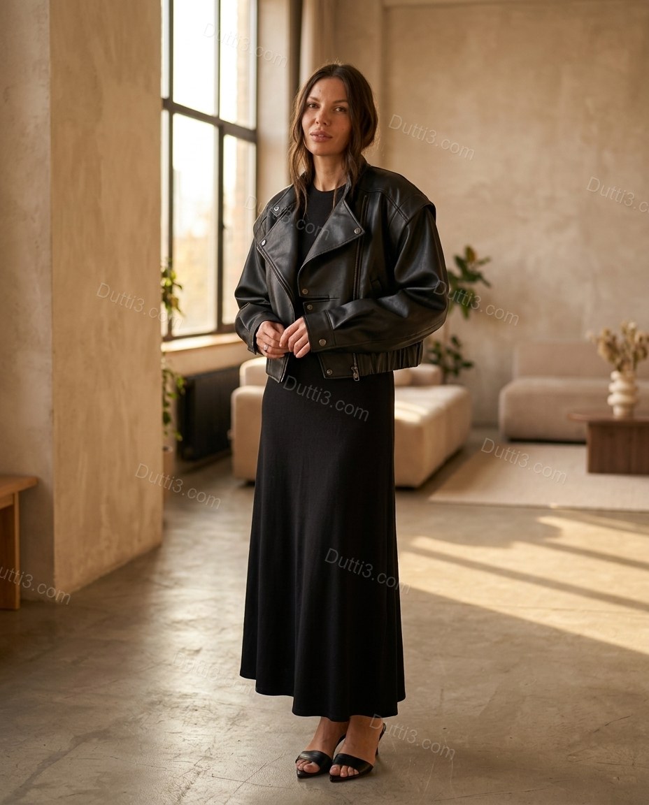Black Midi Pleated Asymmetric Jacket & Skirt Set, full-length hero view, by Dutti3