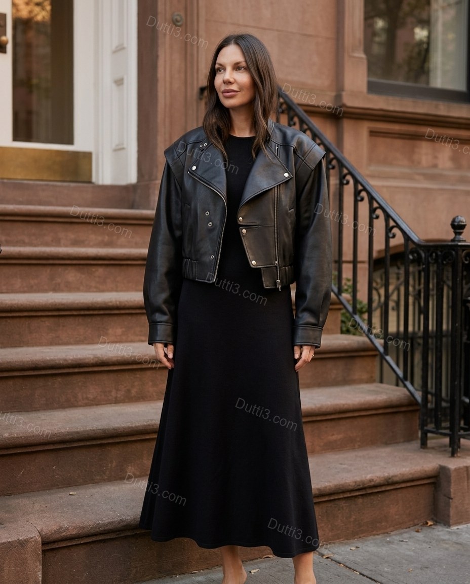 Black Midi Pleated Asymmetric Jacket & Skirt Set, alternate use-case lifestyle view, by Dutti3