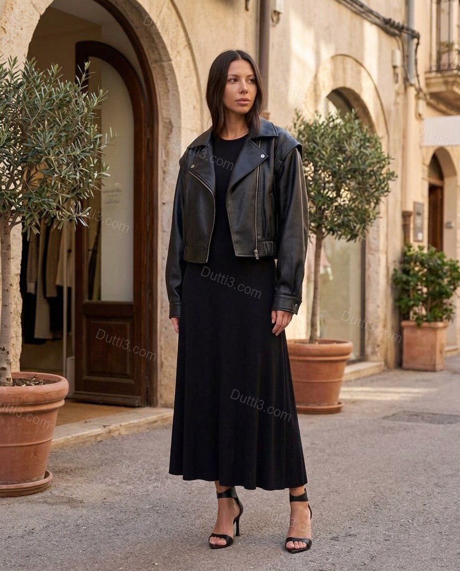 Black Midi Pleated Asymmetric Jacket & Skirt Set, three-quarter brand lifestyle view, by Dutti3