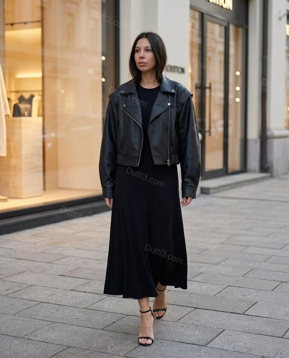 Black Midi Pleated Asymmetric Jacket & Skirt Set, movement and fit lifestyle view, by Dutti3