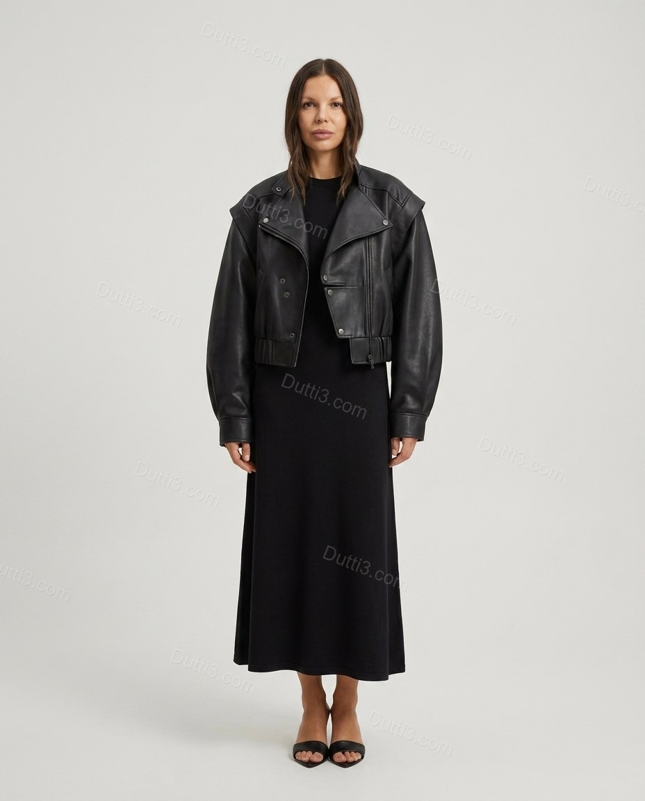 Black Midi Pleated Asymmetric Jacket & Skirt Set, front studio view, by Dutti3