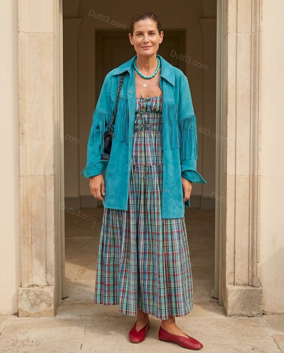 Teal Plaid Midi Tiered Dress, full-length hero view, by Dutti3