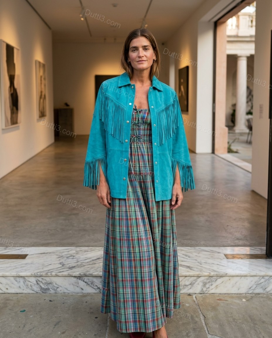 Teal Plaid Midi Tiered Dress, three-quarter brand lifestyle view, by Dutti3