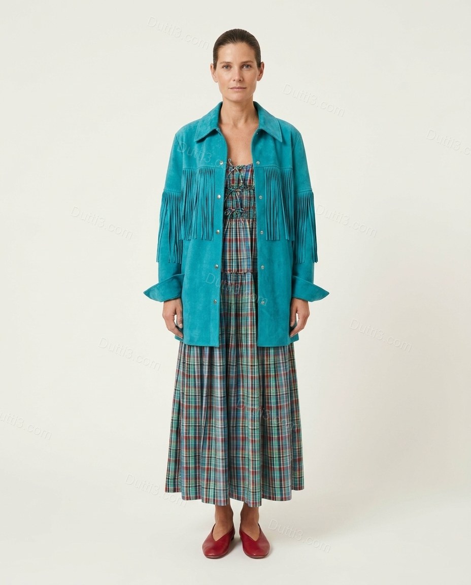 Teal Plaid Midi Tiered Dress, front studio view, by Dutti3