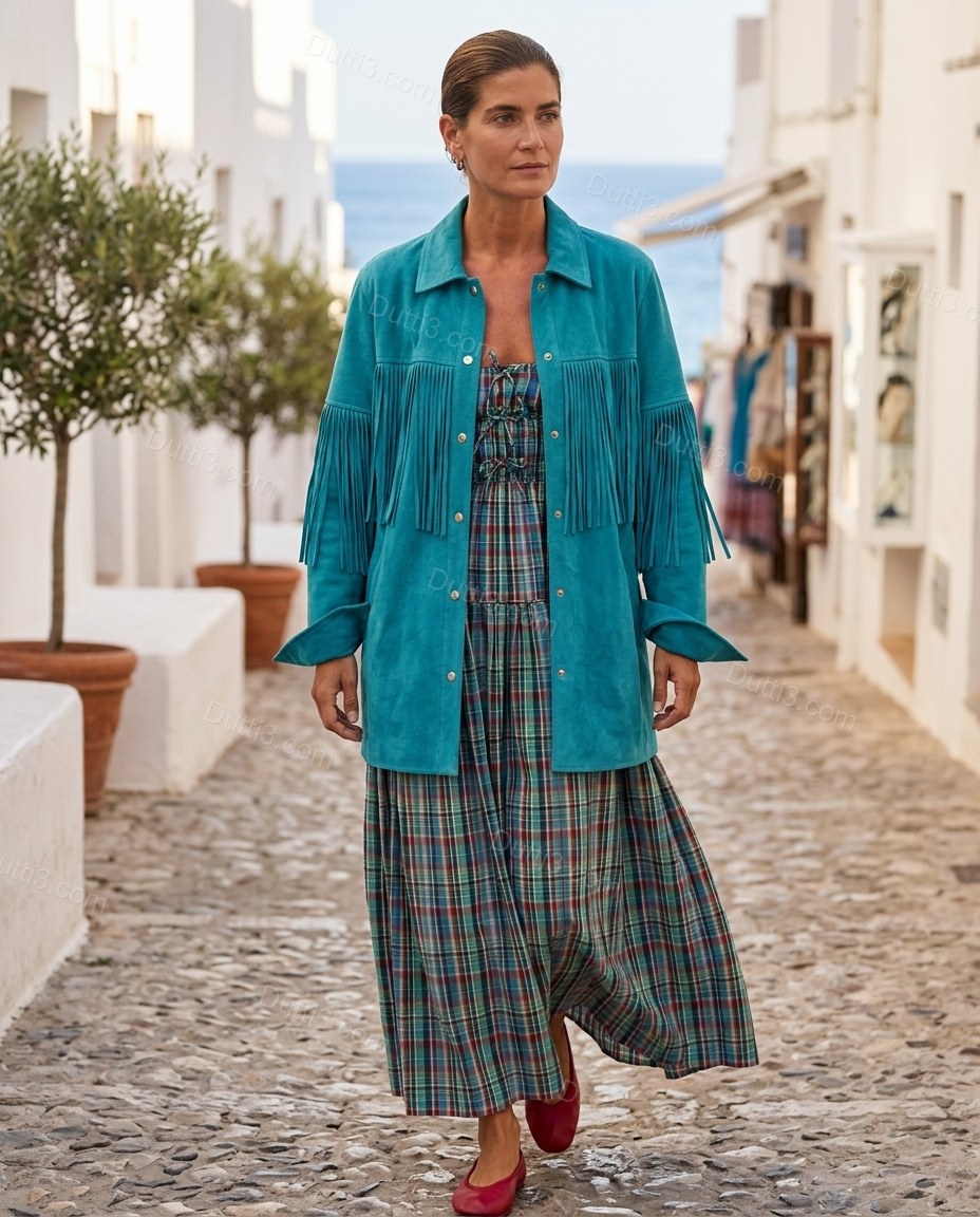 Teal Plaid Midi Tiered Dress, movement and fit lifestyle view, by Dutti3