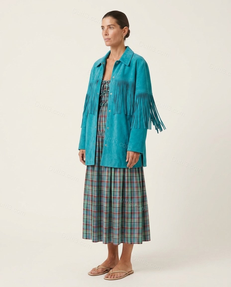 Teal Plaid Midi Tiered Dress, side and back studio view, by Dutti3