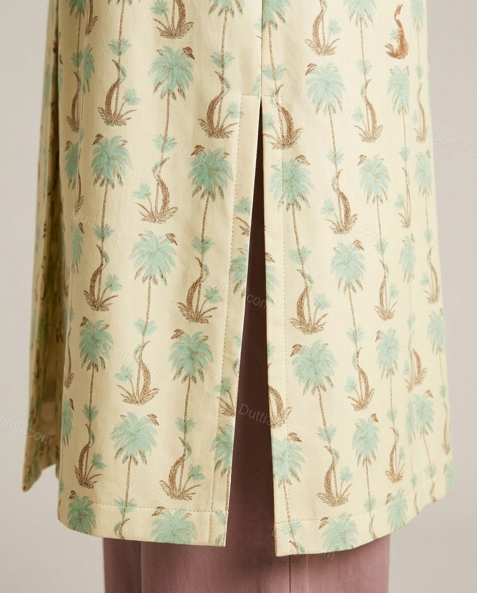 Pale Cream Yellow Feather-Trim Coat, close-up of soft mint green and muted brown accents, side slits and open-front, by Dutti3