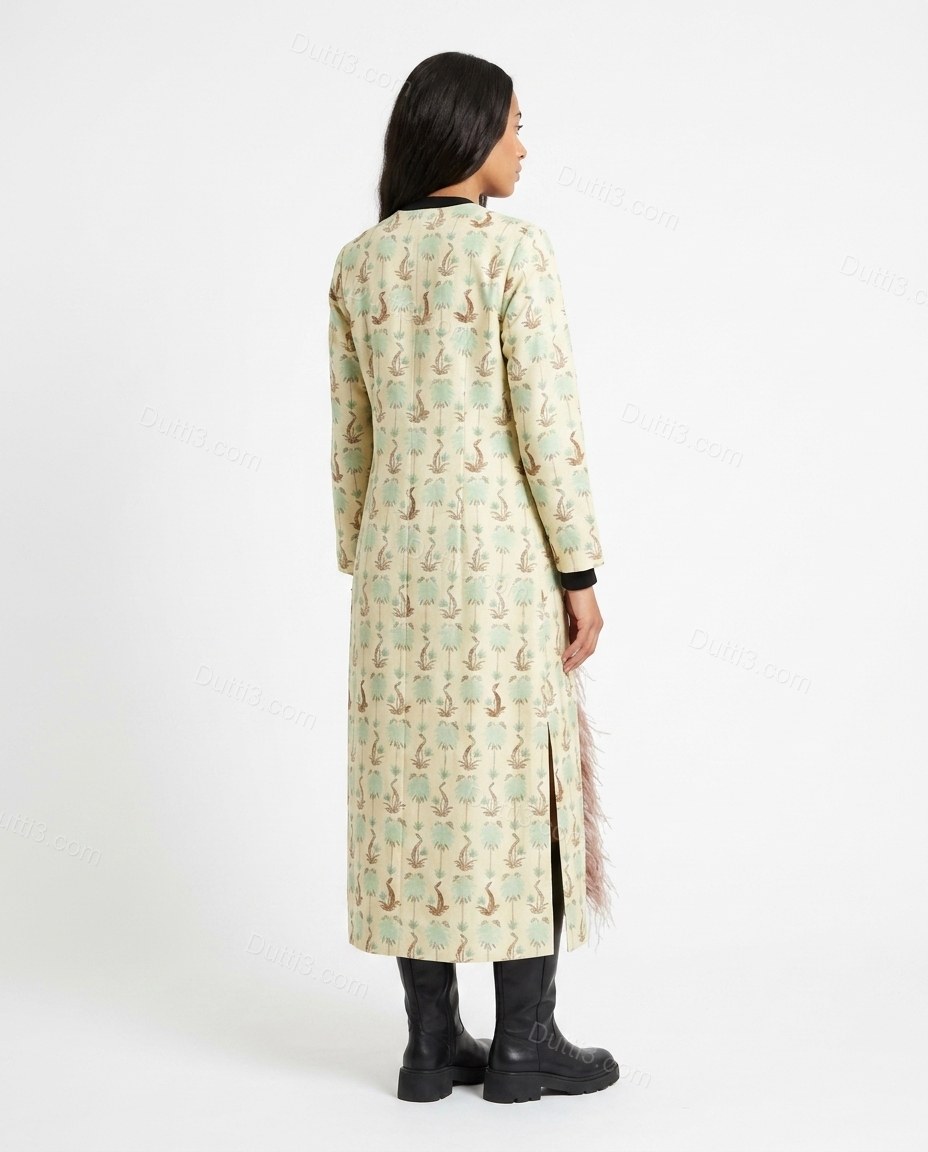 Pale Cream Yellow Feather-Trim Coat, back studio view showing straight back panel, by Dutti3