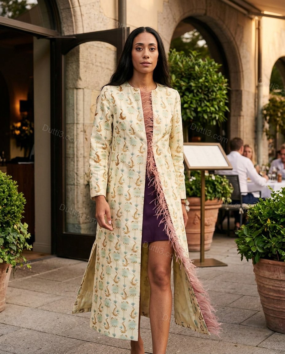 Pale Cream Yellow Feather-Trim Coat, three-quarter brand lifestyle view, by Dutti3