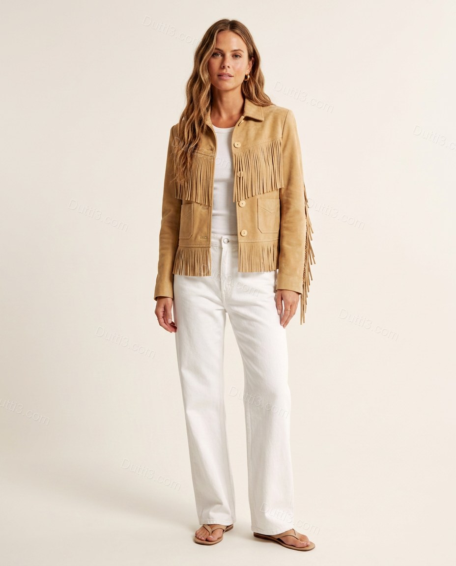 Tan Fringe Jacket, front studio view, by Dutti3