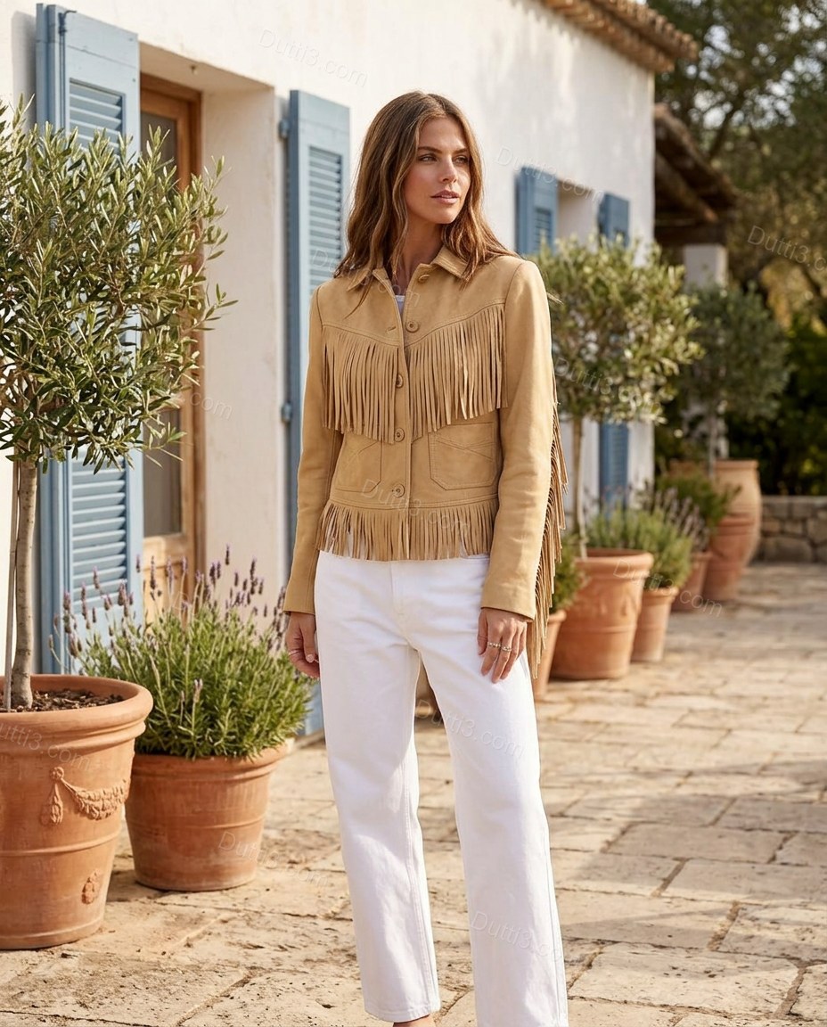 Tan Fringe Jacket, alternate use-case lifestyle view, by Dutti3
