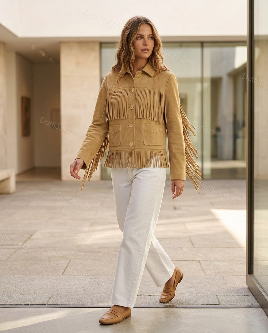 Tan Fringe Jacket, walking lifestyle view, by Dutti3