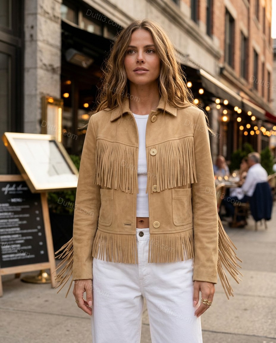 Tan Fringe Jacket, three-quarter brand lifestyle view, by Dutti3