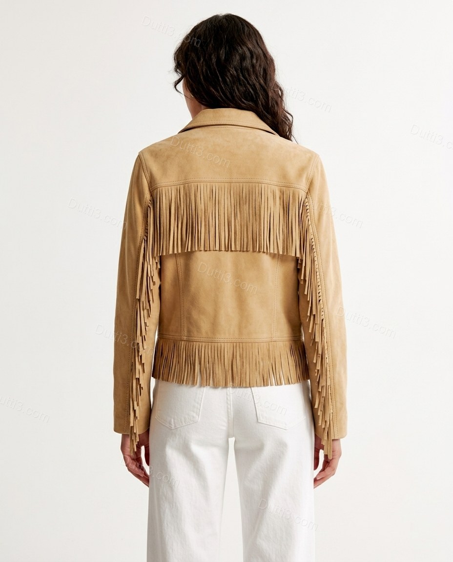 Tan Fringe Jacket, back studio view showing horizontal fringe yoke across the upper back panel, by Dutti3