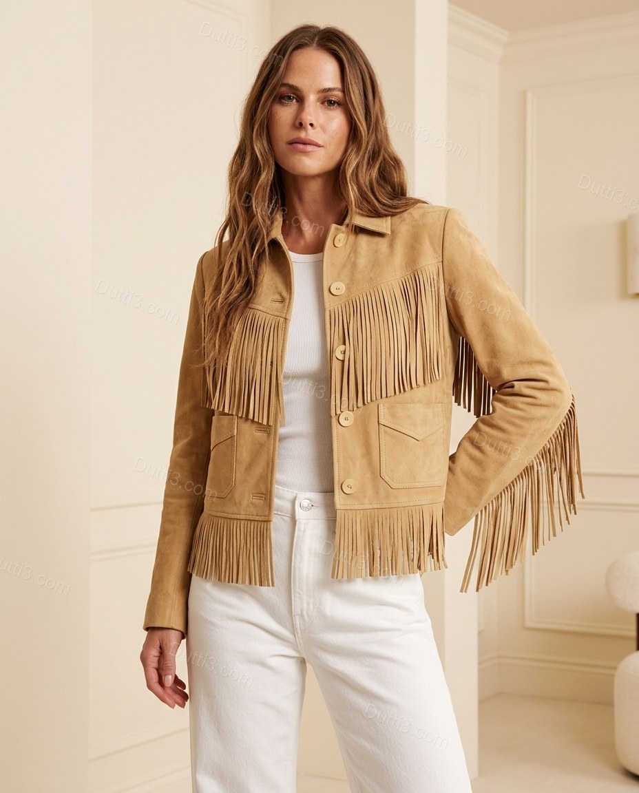 Tan Fringe Jacket, full-length hero view, by Dutti3