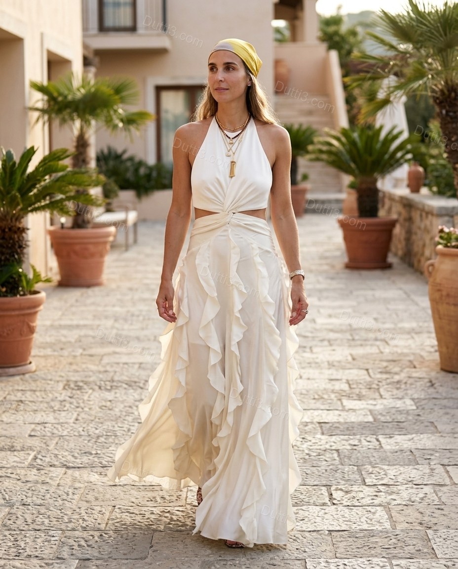 Ivory White Maxi Open-Back Halter Dress, walking lifestyle view, by Dutti3