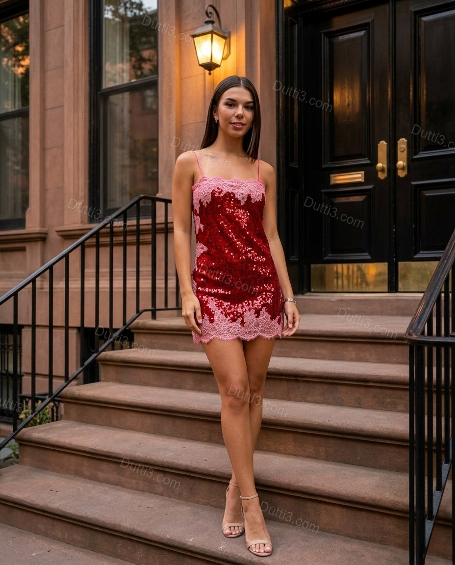 Red Mini Lace Dress, three-quarter brand lifestyle view, by Dutti3