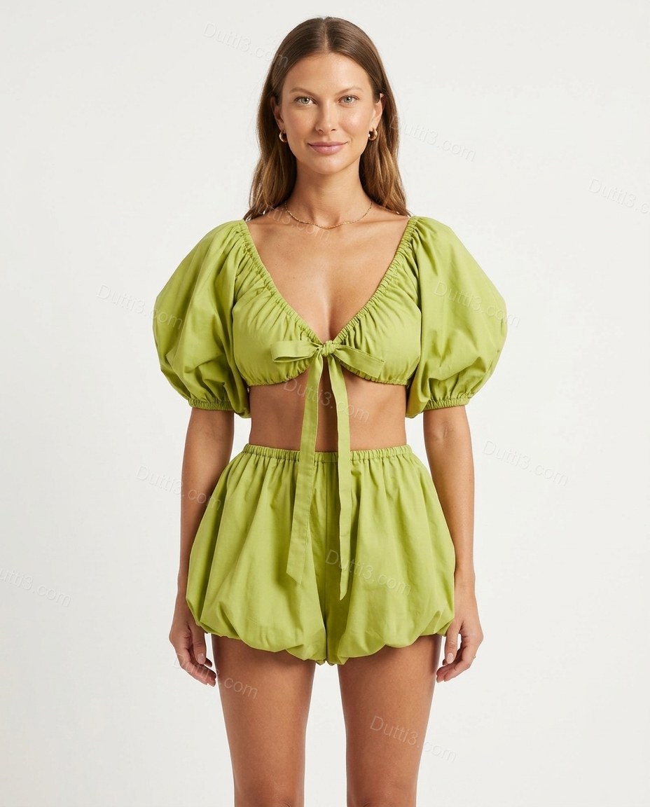 Green Cotton Top & Shorts Set, front studio view, by Dutti3