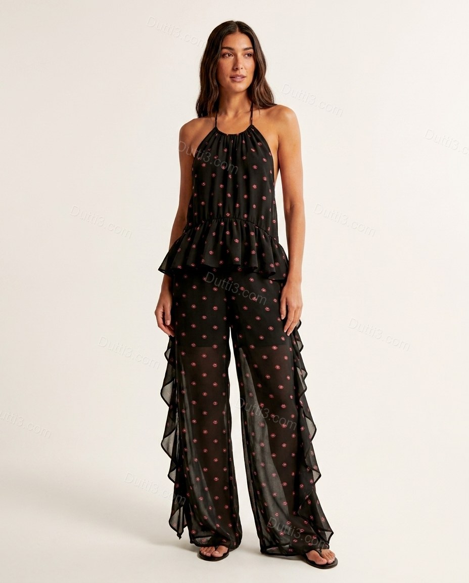 Black Polka Dot Open-Back Halter Jumpsuit, front studio view, by Dutti3