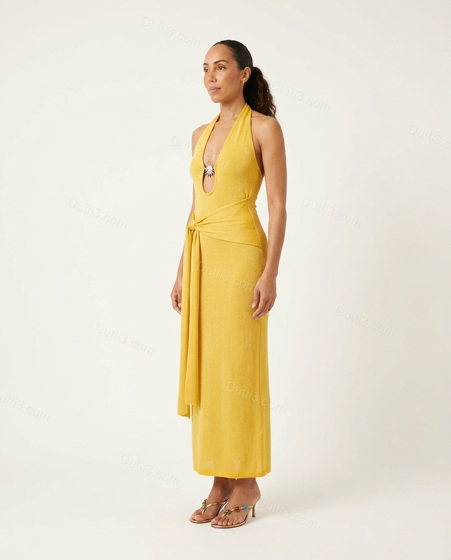 Yellow Maxi Halter Knit Dress, side and back studio view showing open back design, by Dutti3