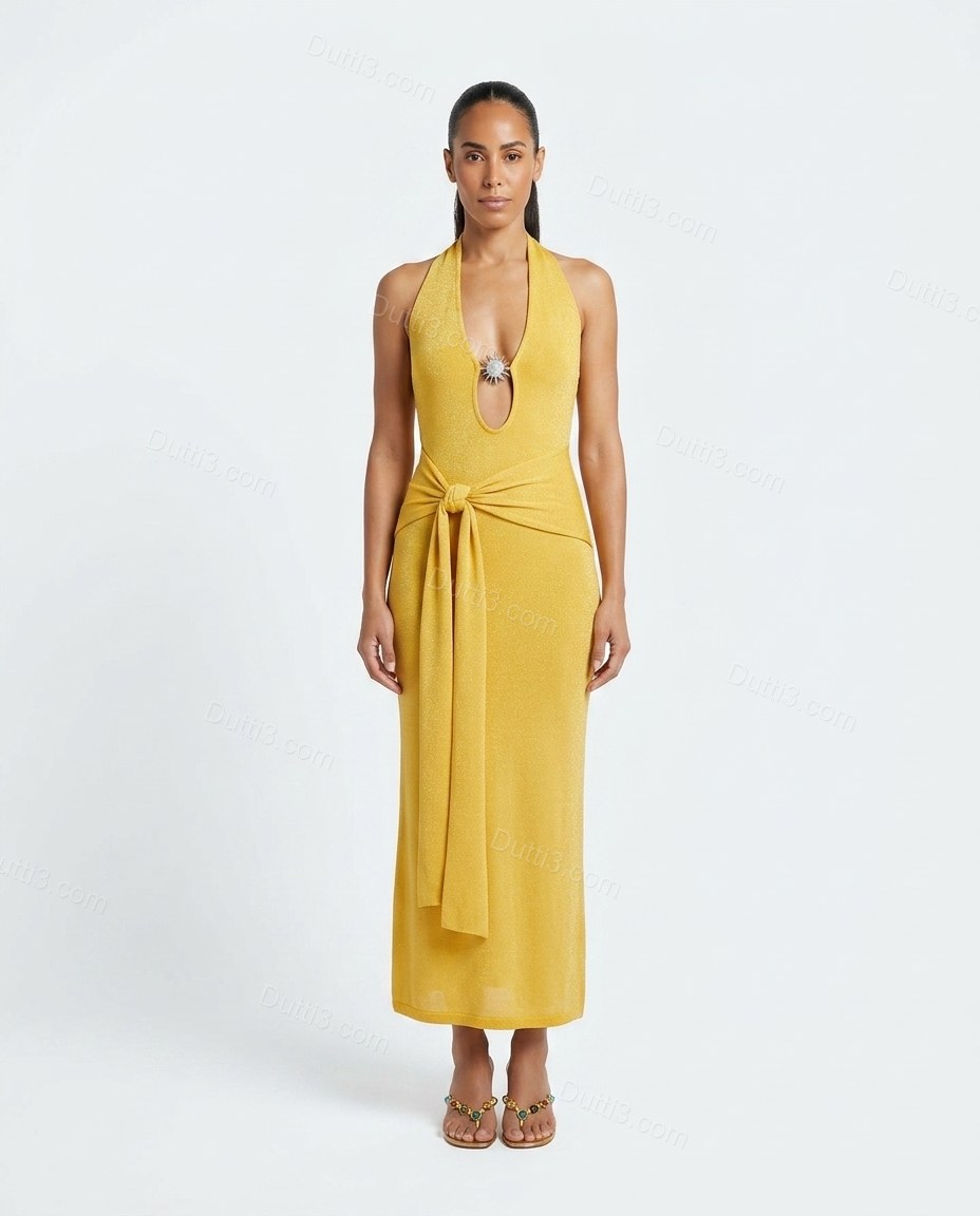 Yellow Maxi Halter Knit Dress, front studio view, by Dutti3