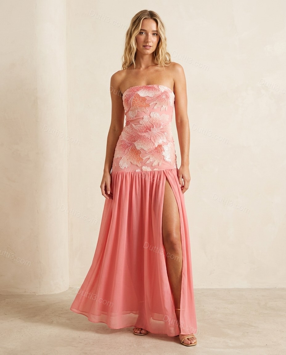 Pink Floral Maxi Strapless Dress, full-length hero view, by Dutti3