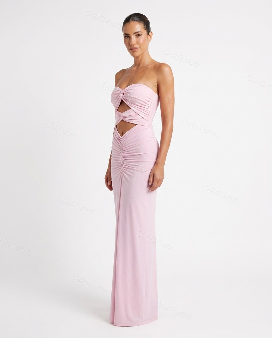 Pink Maxi Strapless Dress, side and back studio view, by Dutti3