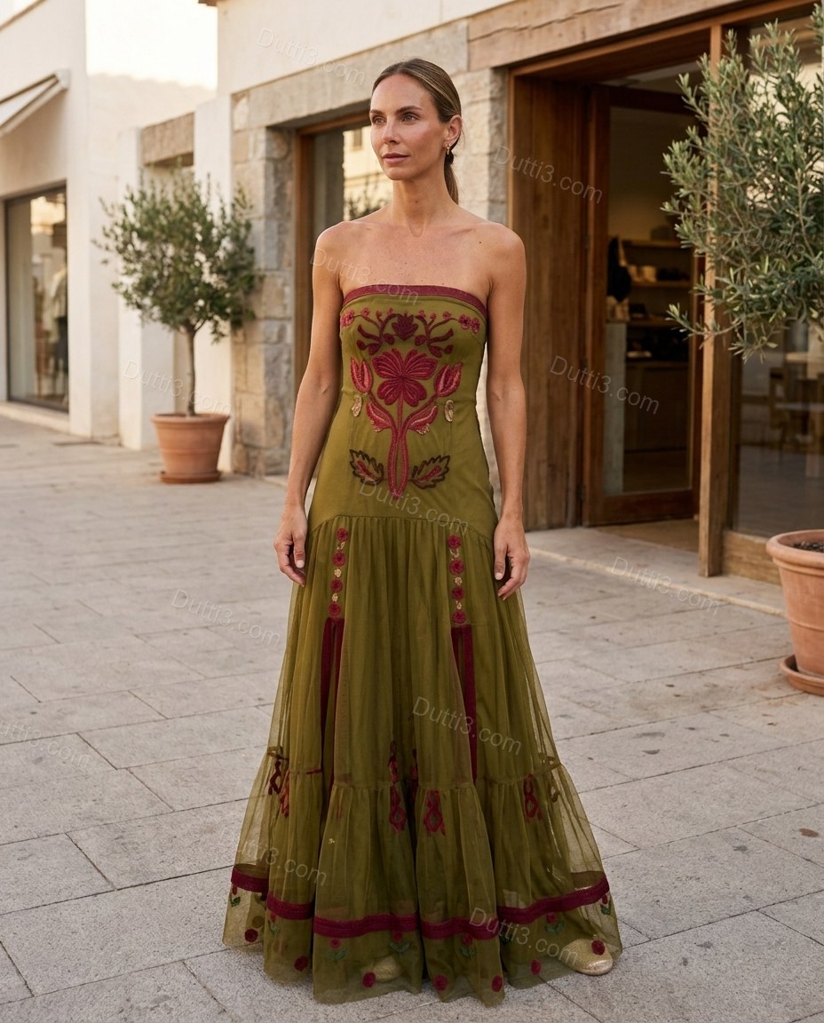 Olive Green Floral Maxi Strapless Dress, alternate use-case lifestyle view, by Dutti3