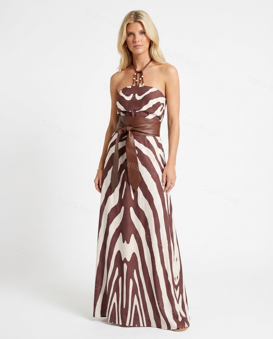 Brown Animal Print Maxi Halter Dress, front studio view, by Dutti3