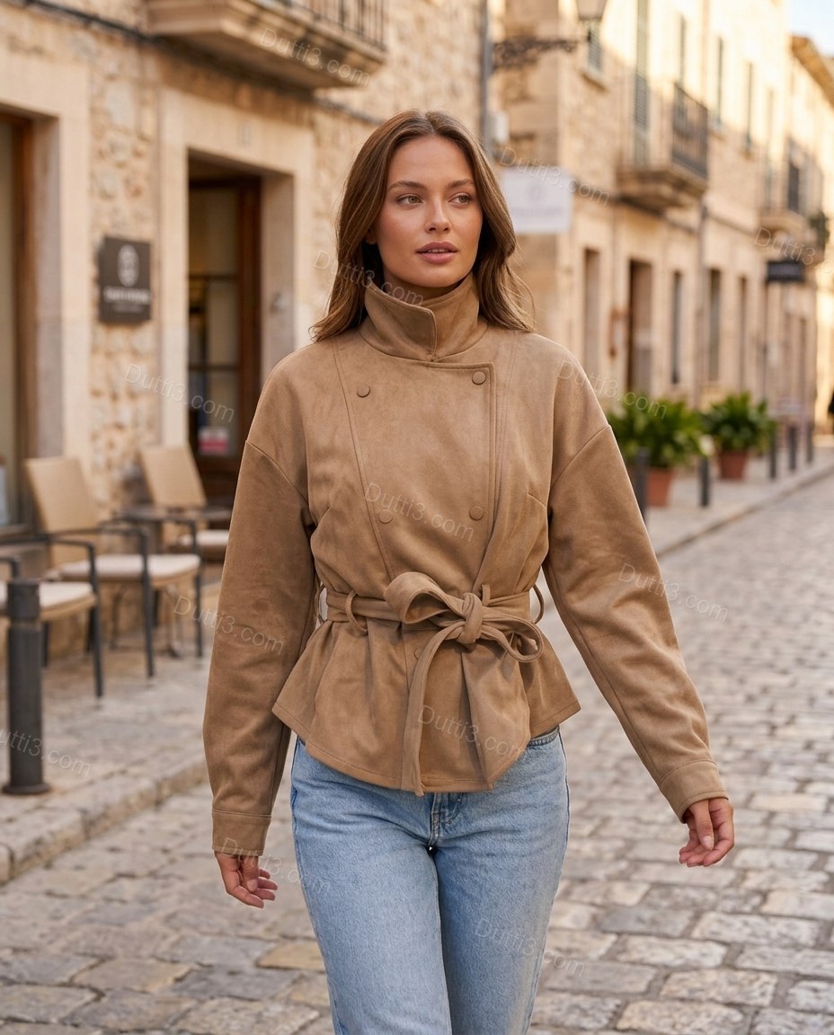 Tan Jacket, movement and fit lifestyle view, by Dutti3