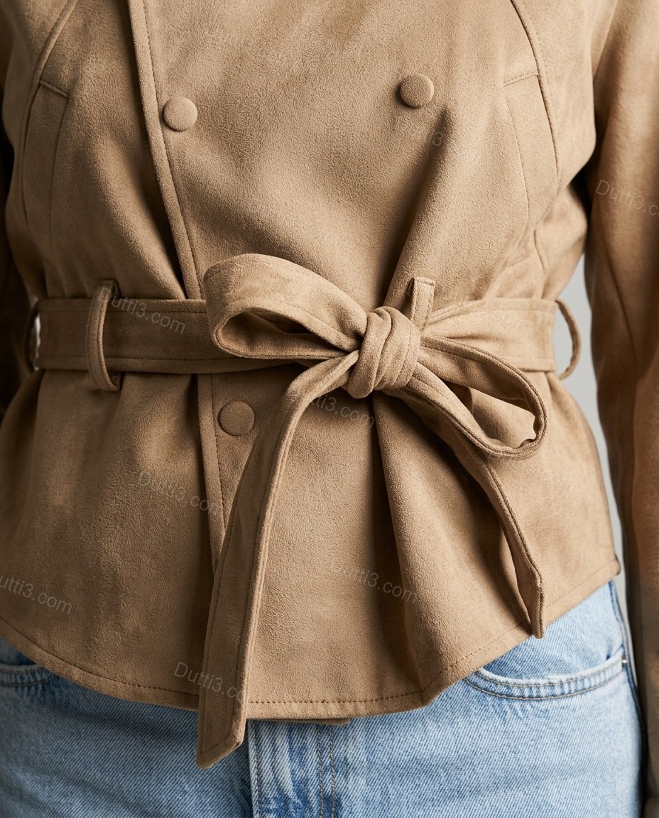 Tan Jacket, close-up of tie-waist, button front and high stand collar, by Dutti3