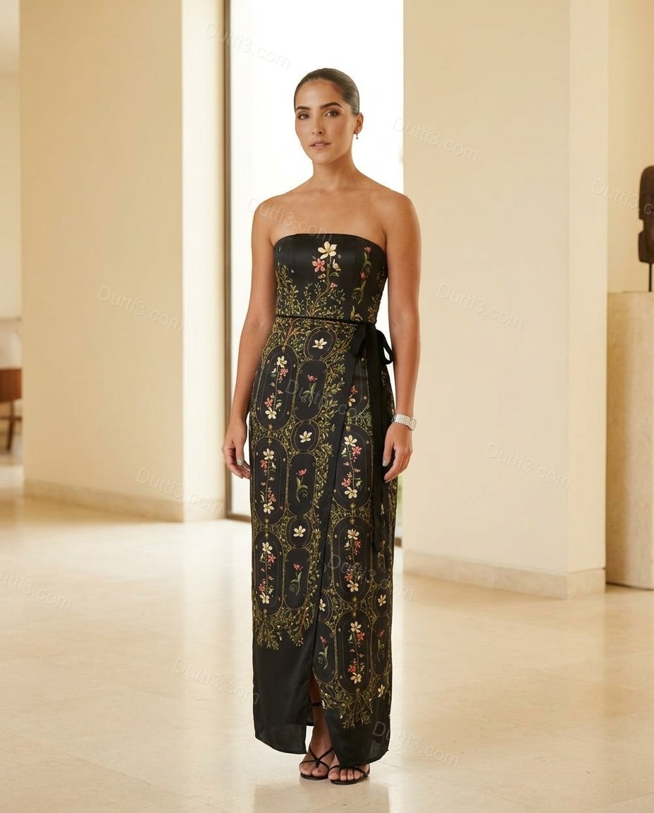 Black Floral Midi Strapless Dress, full-length hero view, by Dutti3