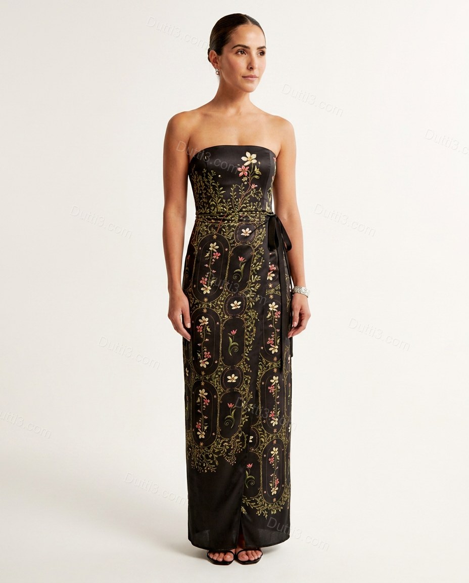 Black Floral Midi Strapless Dress, front studio view, by Dutti3