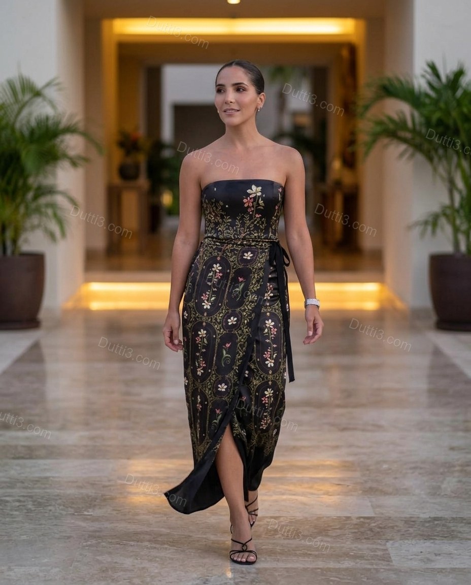 Black Floral Midi Strapless Dress, walking lifestyle view, by Dutti3