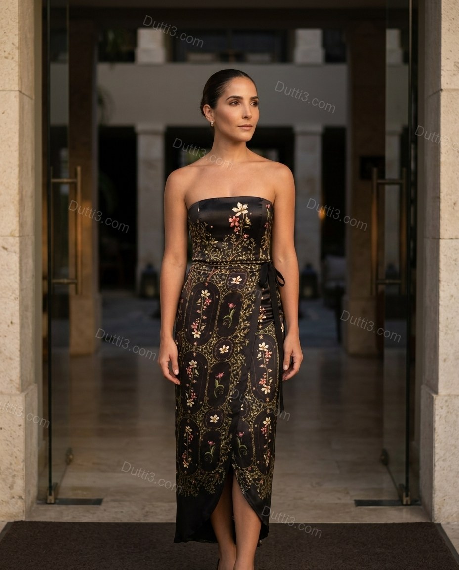 Black Floral Midi Strapless Dress, three-quarter brand lifestyle view, by Dutti3