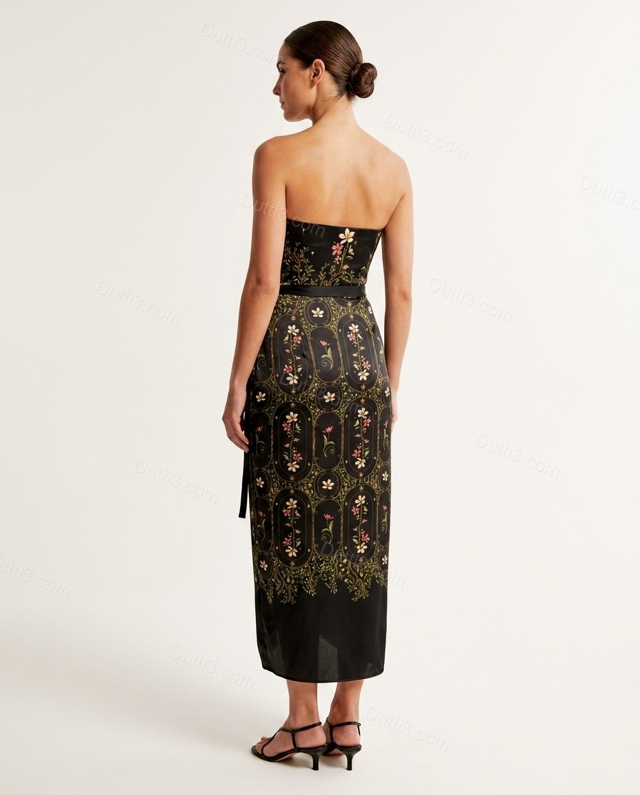 Black Floral Midi Strapless Dress, back studio view showing clean, straight-across back bodice, by Dutti3