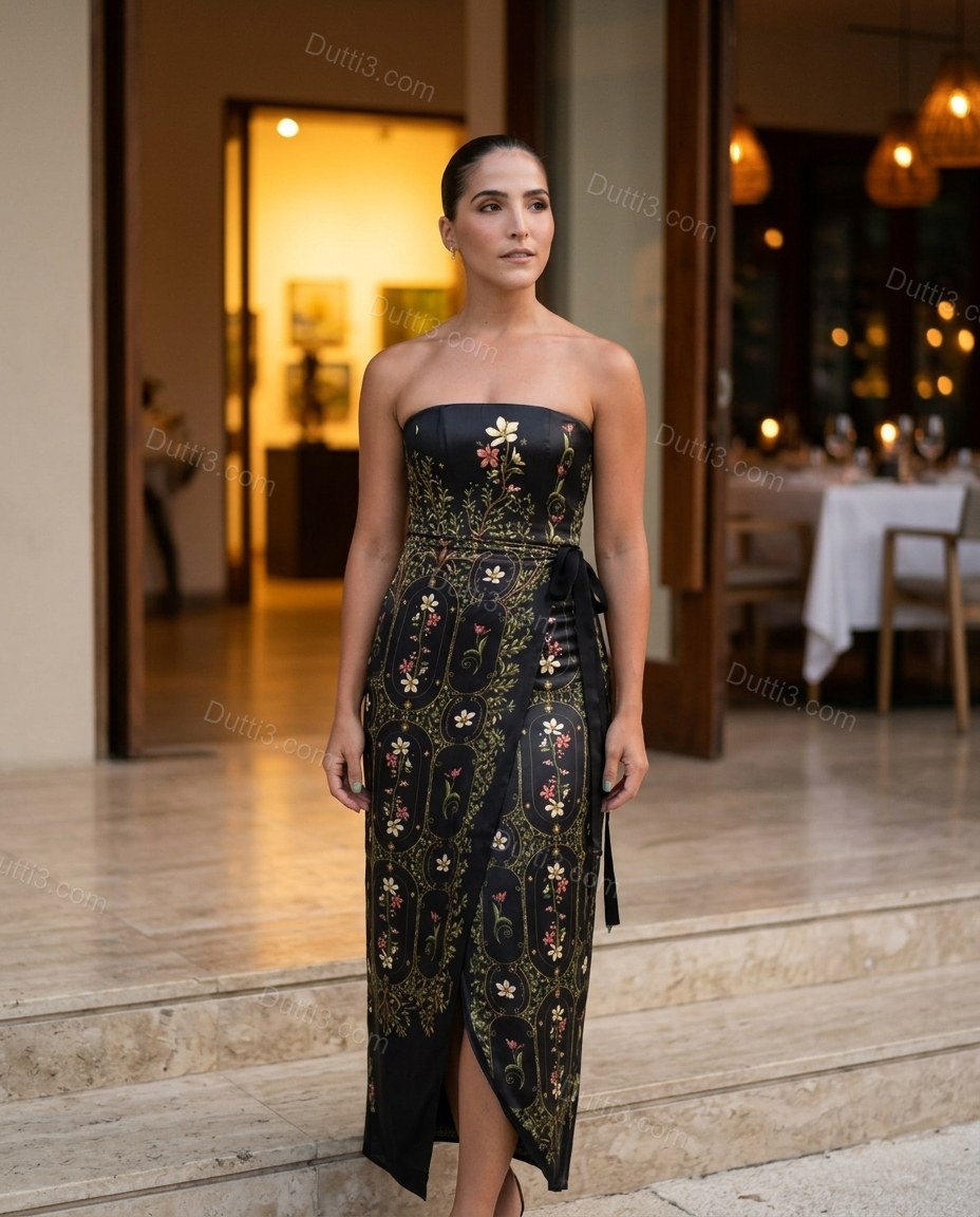Black Floral Midi Strapless Dress, alternate use-case lifestyle view, by Dutti3