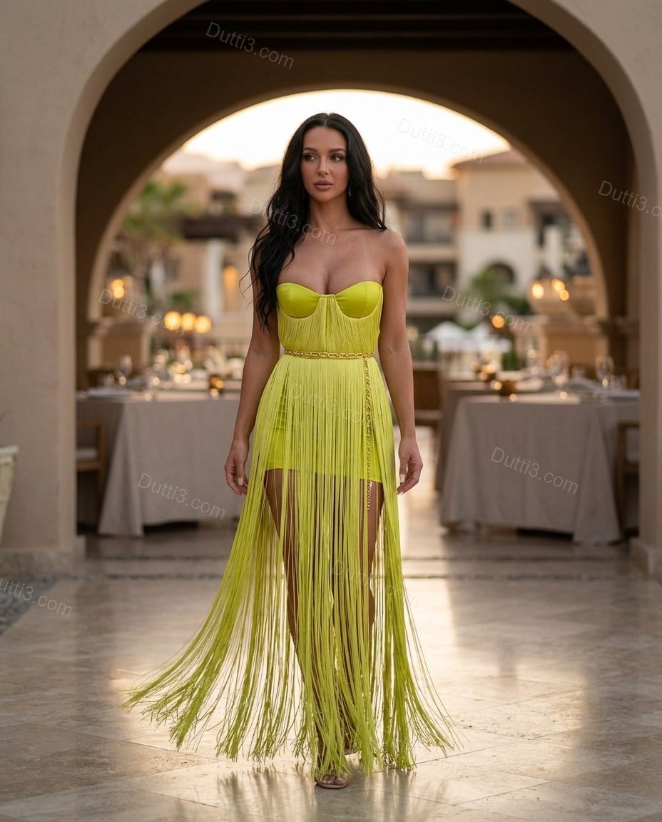Lime Green Maxi Tiered Fringe Dress, alternate use-case lifestyle view, by Dutti3